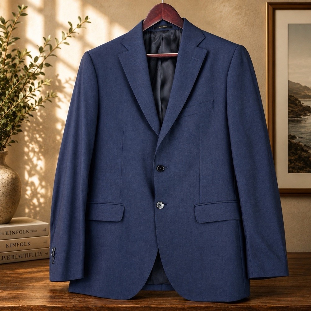 Massimo Dutti Blazer Mens US 40 Navy Super 130s Wool Italian Fabric Portugal